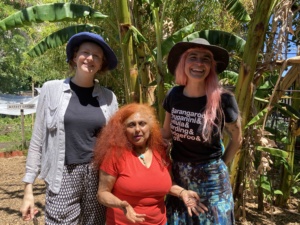 Kathleen Burton, Rosanne Scott and Hannah Maloney in the City Farm gardens